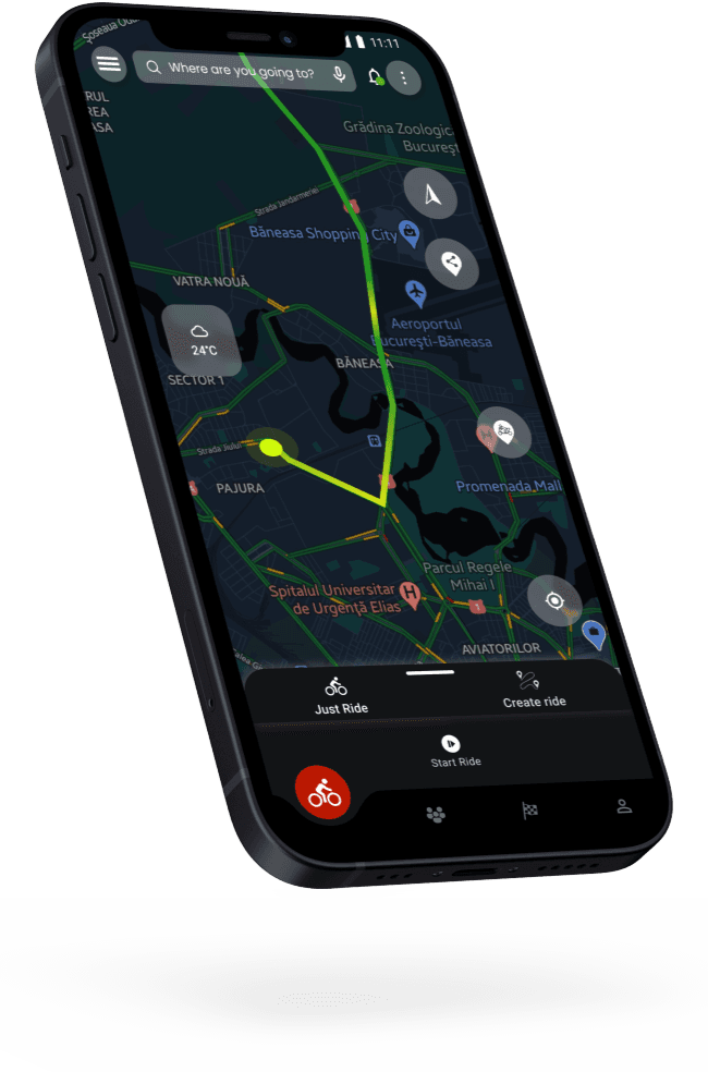 RidingMoto Just Ride screen with live navigation route on a dark map and a Start Ride button