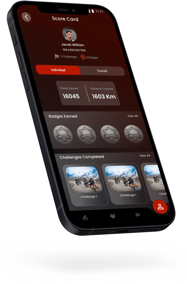 RidingMoto Score Card screen showing points earned, distance covered, badges and completed challenges