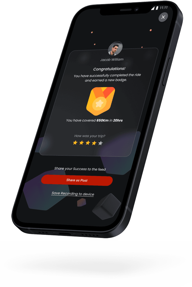 RidingMoto ride-complete screen congratulating the rider with a new badge after covering 650 km